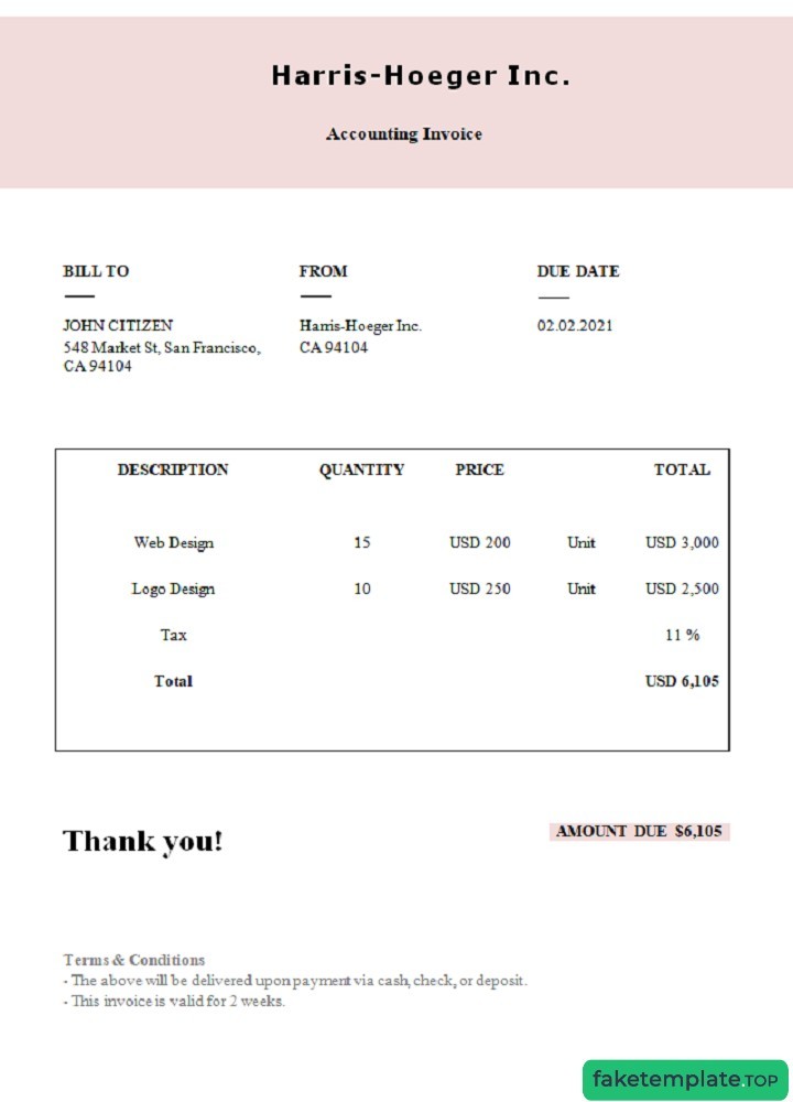 Feature of fake USA Harris-Hoeger Inc. invoice example